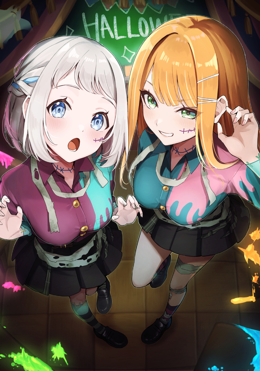 2girls :o black_skirt blue_eyes blue_ribbon breasts claw_pose from_above gakuen_idolmaster glowing green_eyes grey_hair hair_ribbon half_up_braid halloween_costume highres idolmaster katsuragi_lilja long_hair looking_at_viewer medium_breasts mole mole_under_eye multiple_girls orange_hair pleated_skirt ribbon ribbon_braid scar scar_on_cheek scar_on_face scar_on_neck shiun_sumika short_hair skirt socks stitched_face stitched_neck stitches striped_clothes striped_socks tile_floor tiles ura_(hamburg_oniku) very_long_hair