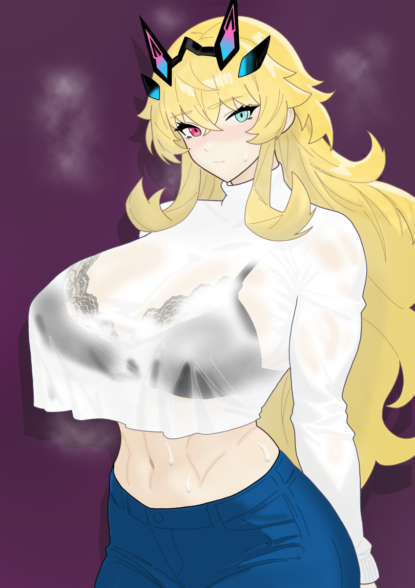 abs absurdres barghest_(fate) black_bra blonde_hair blush bra breasts crop_top crop_top_overhang denim fate/grand_order fate_(series) female green_eyes heterochromia highres jeans large_breasts long_hair long_sleeves looking_at_viewer navel pants red_eyes shirt solo tucv5345 underwear white_shirt