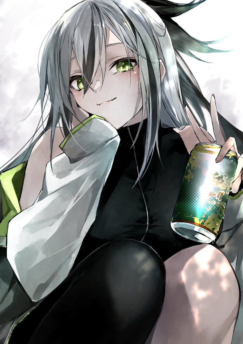 bare_shoulders beer_can black_hair black_shirt black_thighhighs blush breasts can cropped_shirt drink_can fate/grand_order fate_(series) female green_eyes green_jacket hair_between_eyes highres jacket kino_kokko long_hair long_sleeves looking_at_viewer medium_breasts multicolored_clothes multicolored_hair multicolored_jacket nagao_kagetora_(fate) off_shoulder open_clothes open_jacket shirt shorts sidelocks single_thighhigh sleeveless sleeveless_shirt solo thighhighs thighs two-tone_hair two-tone_jacket uesugi_kenshin_(fate) uesugi_kenshin_(second_ascension)_(fate) very_long_hair white_hair white_jacket white_shorts