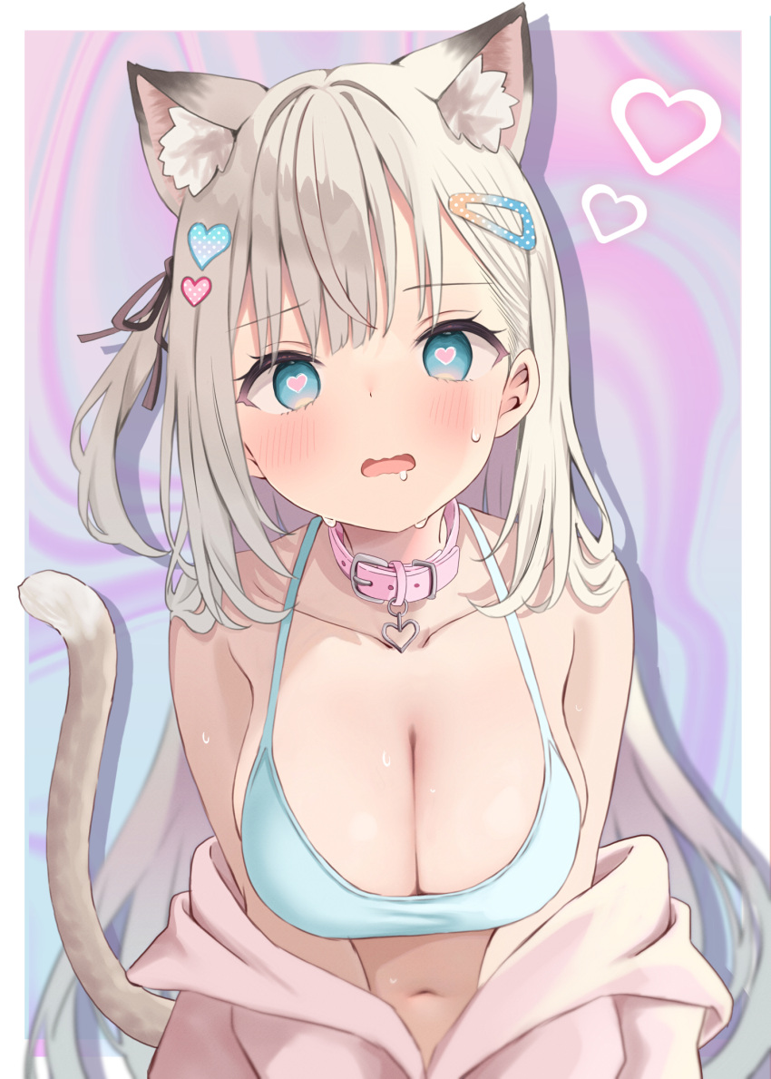 abstract_background akino_ell animal_ears bare_shoulders black_ribbon blue_eyes blush breasts cat_ears cat_girl cat_tail cleavage collar collarbone commentary_request drooling female grey_hair grey_tail hair_ornament hair_ribbon hairclip heart heart-shaped_pupils heart_collar heart_hair_ornament highres hypnosis large_breasts long_hair looking_at_viewer mind_control navel off_shoulder one_side_up open_mouth original pink_collar ribbon solo stomach sweat symbol-shaped_pupils tail