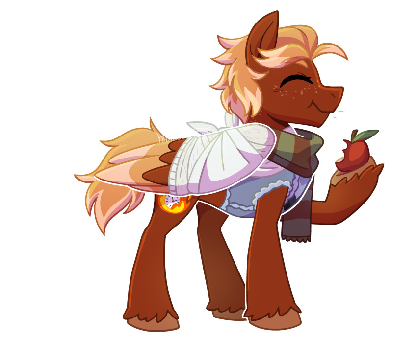 apple broken_wing brown_body brown_feathers cast closed_eyes clothing eating eating_food equid equine feathered_wings feathers feet food fruit fur golden_flare green_eyes hair happy hasbro hi_res hooves horse mammal mane my_little_pony mythological_creature mythological_equine mythology nonbinary_(lore) pegasus plant pony scarf short_hair short_tail sling_(medicine) sweater sweater_vest tail tan_body tan_feathers toes topwear vest wings