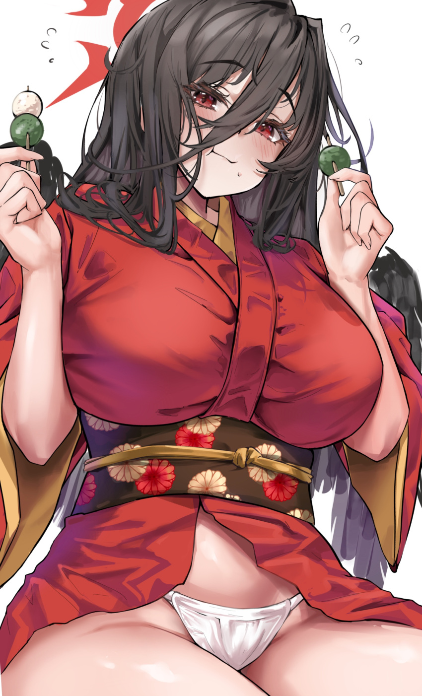 absurdres alternate_costume armeria black_hair black_sash blue_archive blush breasts chinese_commentary closed_mouth dango eating female food hair_between_eyes halo hands_up hasumi_(blue_archive) highres holding japanese_clothes kimono large_breasts long_hair looking_at_viewer red_eyes red_halo red_kimono sash solo wagashi