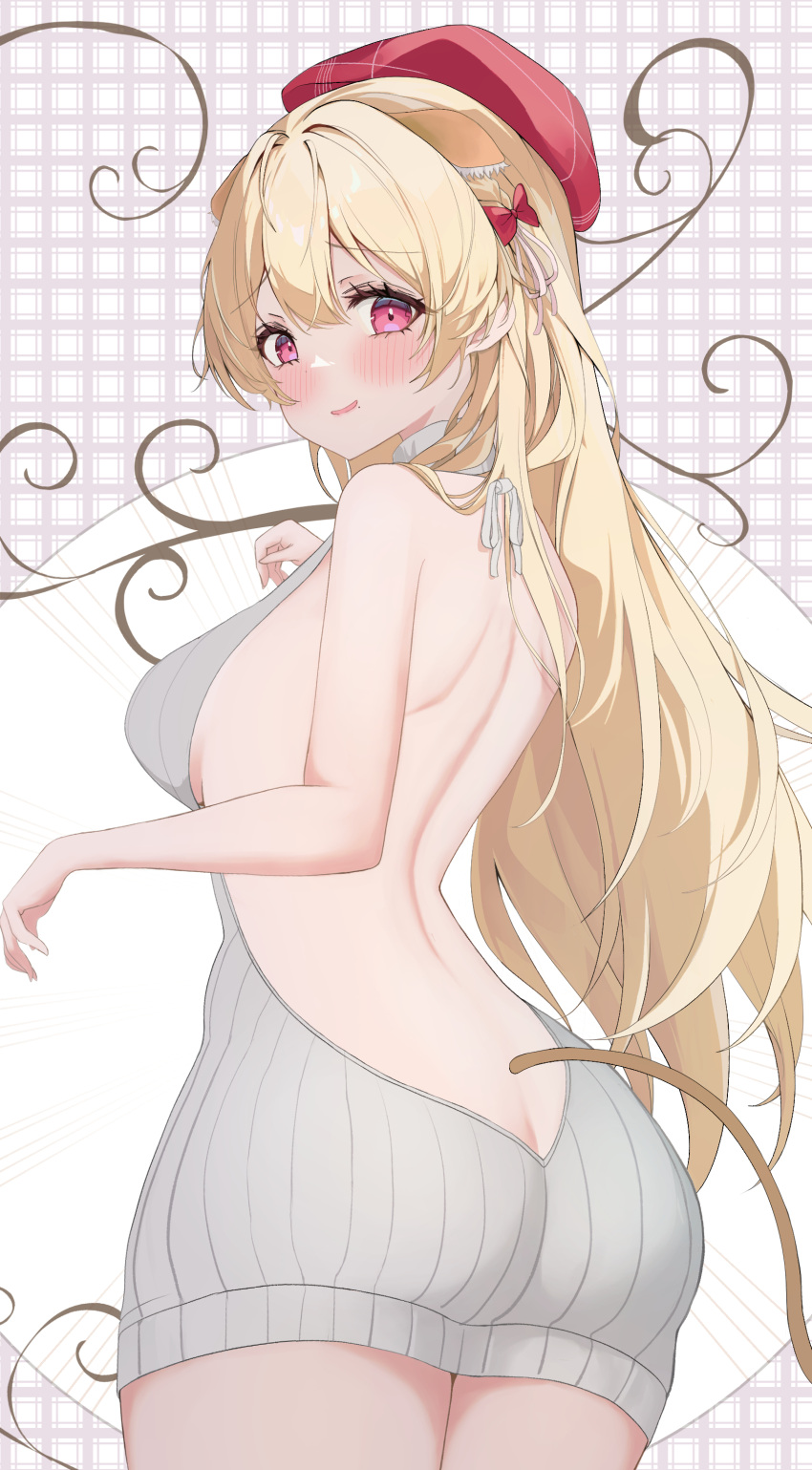 absurdres back backless_dress backless_outfit bare_back blonde_hair blush bow breasts dress eikawa_suru female grey_sweater hairbow hat highres large_breasts long_hair looking_at_viewer looking_back meme_attire naked_sweater open_mouth original red_eyes red_hat ribbed_sweater smile solo sweater sweater_dress tail turtleneck turtleneck_sweater virgin_killer_sweater