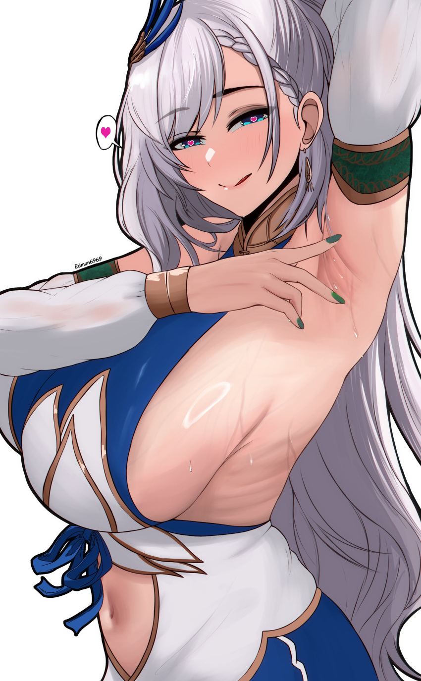 absurdres arm_up armpits blue_eyes breasts closed_mouth detached_sleeves earrings edmun6969 female green_nails heart heart-shaped_pupils highres hololive hololive_indonesia jewelry large_breasts licking_lips long_hair looking_at_viewer pavolia_reine pavolia_reine_(1st_costume) presenting_armpit revision ribs shiny_skin sideboob simple_background smile solo spoken_heart sweat symbol-shaped_pupils tongue tongue_out very_long_hair virtual_youtuber white_background white_hair