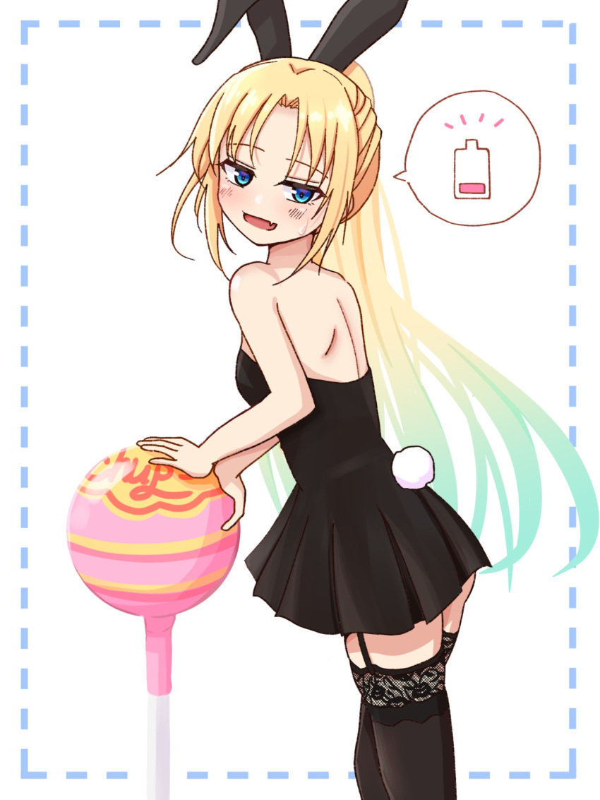 :d animal_ears aqua_hair back backless_dress backless_outfit bare_shoulders battery_indicator black_dress black_thighhighs blonde_hair blue_border blue_eyes blush border breasts candy chupa_chups commentary dotted_line dress fake_animal_ears fake_tail feet_out_of_frame female food garter_straps gradient_hair half-closed_eyes high_ponytail highres inset_border lace-trimmed_thighhighs lace_trim link!_like!_love_live! lollipop long_hair looking_at_viewer love_live! multicolored_hair oerba_yun_fang open_mouth osawa_rurino outside_border oversized_food oversized_object parted_bangs paycoldman pleated_dress ponytail rabbit_ears rabbit_tail short_dress shoulder_blades simple_background skin_fang small_breasts smile solo speech_bubble spoken_battery strapless strapless_dress tail thighhighs two-tone_hair very_long_hair white_background