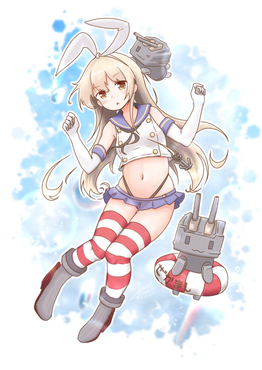 aaoi alternate_costume anchor anchor_hair_ornament black_neckerchief black_panties blonde_hair blue_sailor_collar brown_eyes elbow_gloves full_body gloves hair_between_eyes hair_ornament hair_ribbon hairband highleg highleg_panties highres horizontal-striped_thighhighs kantai_collection lifebuoy microskirt miniskirt neckerchief panties pleated_skirt rensouhou-chan ribbon sailor_collar shimakaze_(final_battle)_(kancolle) shimakaze_(kancolle) skirt striped_clothes striped_thighhighs swim_ring thighhighs thong underwear white_gloves white_hairband