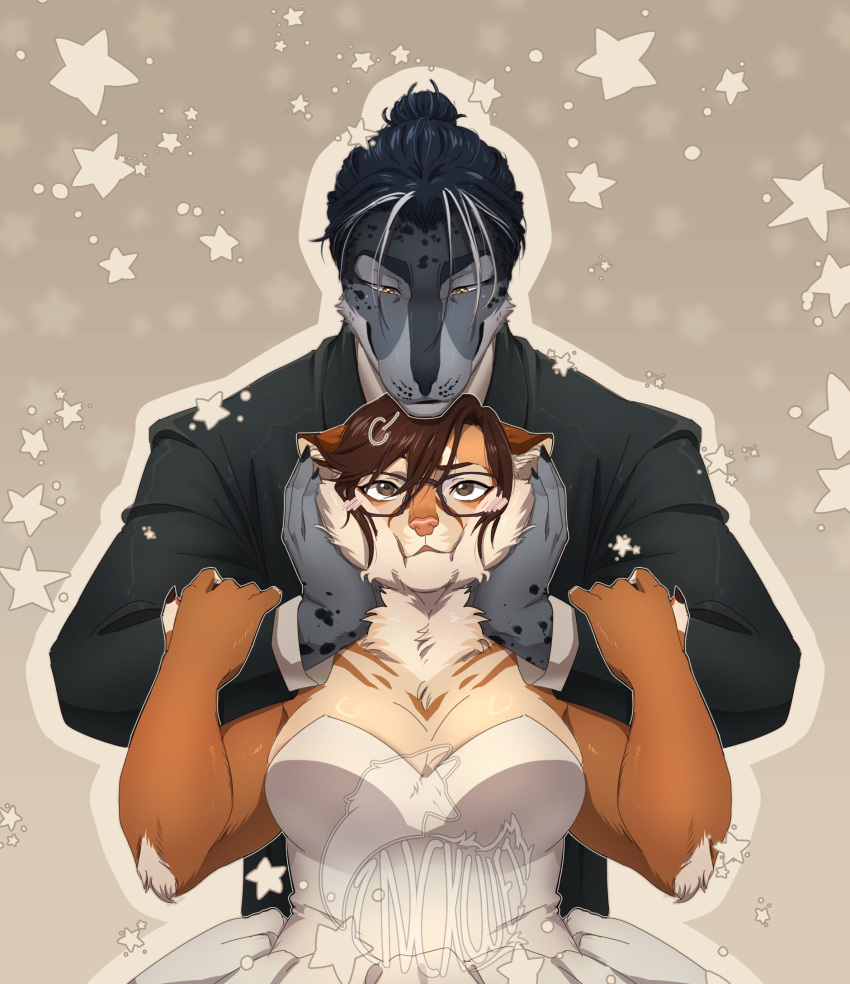 2024 2nckw3i anthro breasts brown_hair clothed clothing cougar digital_media_(artwork) dress duo eyewear face_squish felid feline female funny_face glasses hair hi_res holding_face long_hair male mammal marine pinniped sea_lion seal short_hair squish wedding_clothing wedding_dress