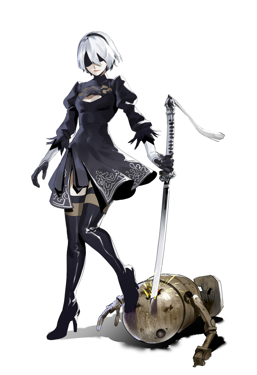 2b_(nier:automata) absurdres black_blindfold black_dress black_footwear black_gloves black_hairband blindfold boots cleavage_cutout clothing_cutout dress female full_body gloves hairband high_heel_boots high_heels highres jackboo juliet_sleeves long_sleeves machine_(nier) nier:automata nier_(series) puffy_sleeves short_dress short_hair side_slit simple_background solo thigh_boots virtuous_contract white_background white_hair