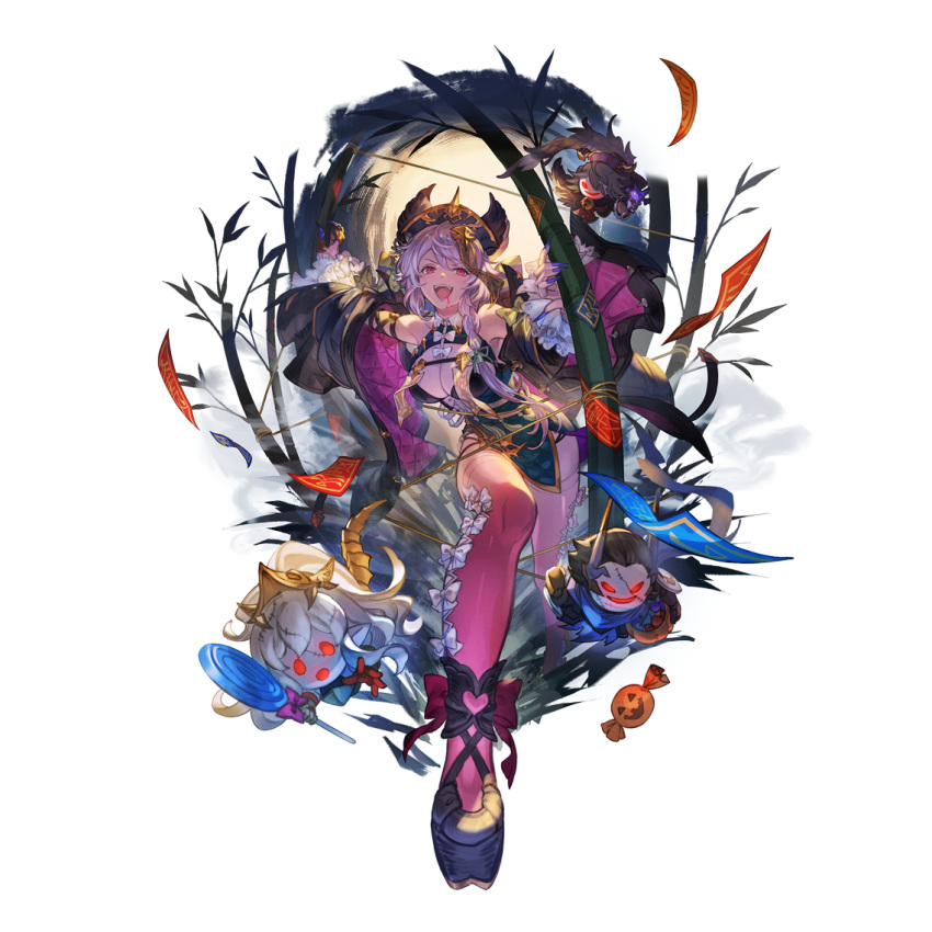 alpha_transparency animal_ears bamboo blue_nails bow bow_legwear breasts cleavage doll female fingernails granblue_fantasy hair_between_eyes hair_ornament halloween_costume jiangshi large_breasts long_hair looking_at_viewer minaba_hideo official_alternate_costume official_art ofuda open_mouth pink_thighhighs purple_hair satyr_(granblue_fantasy) sharp_fingernails smile solo thighhighs transparent_background white_bow