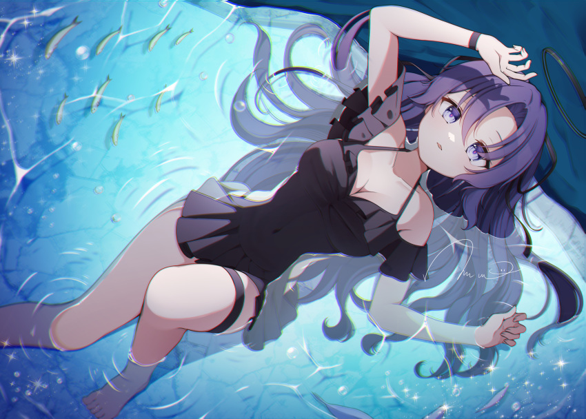 :o barefoot black_one-piece_swimsuit blue_archive breasts casual_one-piece_swimsuit cleavage collarbone female fish gyeou_lee hair_spread_out highres long_hair looking_ahead lying lying_on_water medium_breasts on_back one-piece_swimsuit purple_eyes purple_hair shallow_water solo swimsuit thigh_strap toes very_long_hair water yuuka_(blue_archive)