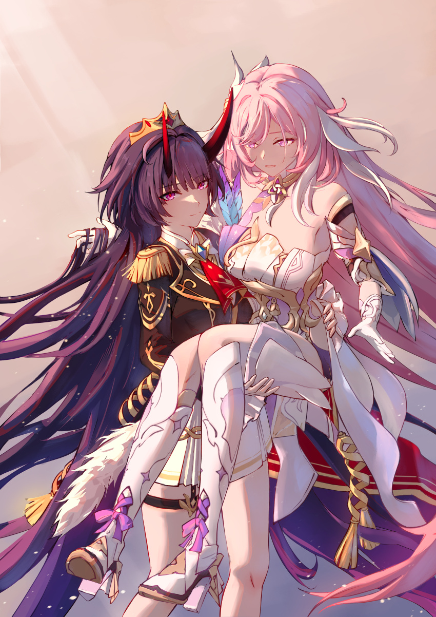 2girls absurdres bare_legs bare_shoulders black_shirt boots breasts carrying chinese_commentary commentary corset couple crown elysia_(herrscher_of_human:_ego)_(honkai_impact) elysia_(honkai_impact) gloves hair_between_eyes high_heel_boots high_heels highres honkai_(series) honkai_impact_3rd horns large_breasts long_hair multiple_girls parted_lips pink_hair princess_carry purple_eyes purple_hair raiden_mei raiden_mei_(herrscher_of_thunder) raiden_mei_(nocturne_ablaze) red_horns sen_jin_chen shirt simple_background skirt triquetra very_long_hair white_corset white_footwear white_gloves white_skirt yuri