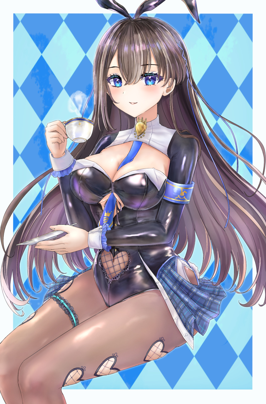 absurdres argyle_background black_leotard blue_eyes blue_necktie blue_ribbon breasts brown_hair brown_pantyhose character_request cleavage clothing_cutout commentary_request cup female fishnets hair_between_eyes hair_ribbon heart_cutout highres holding holding_cup holding_saucer leotard long_hair long_sleeves looking_at_viewer medium_breasts navel navel_cutout necktie pantyhose parted_lips playboy_bunny ribbon saucer shironeko_project solo sunameri_(pixiv3564245) very_long_hair