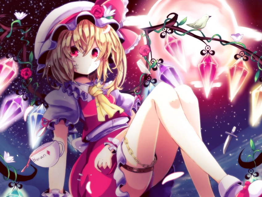 ascot bad_id bad_pixiv_id bare_legs belt bird blonde_hair crystal cup embodiment_of_scarlet_devil female flandre_scarlet flower hat hat_ribbon highres ikasoba knife mob_cap moon multicolored_wings one_side_up plant puffy_short_sleeves puffy_sleeves red_eyes red_footwear red_skirt red_vest ribbon rose short_sleeves side_ponytail skirt skirt_set star_(sky) teacup thigh_belt thigh_strap touhou vest vines white_hat wings yellow_ascot