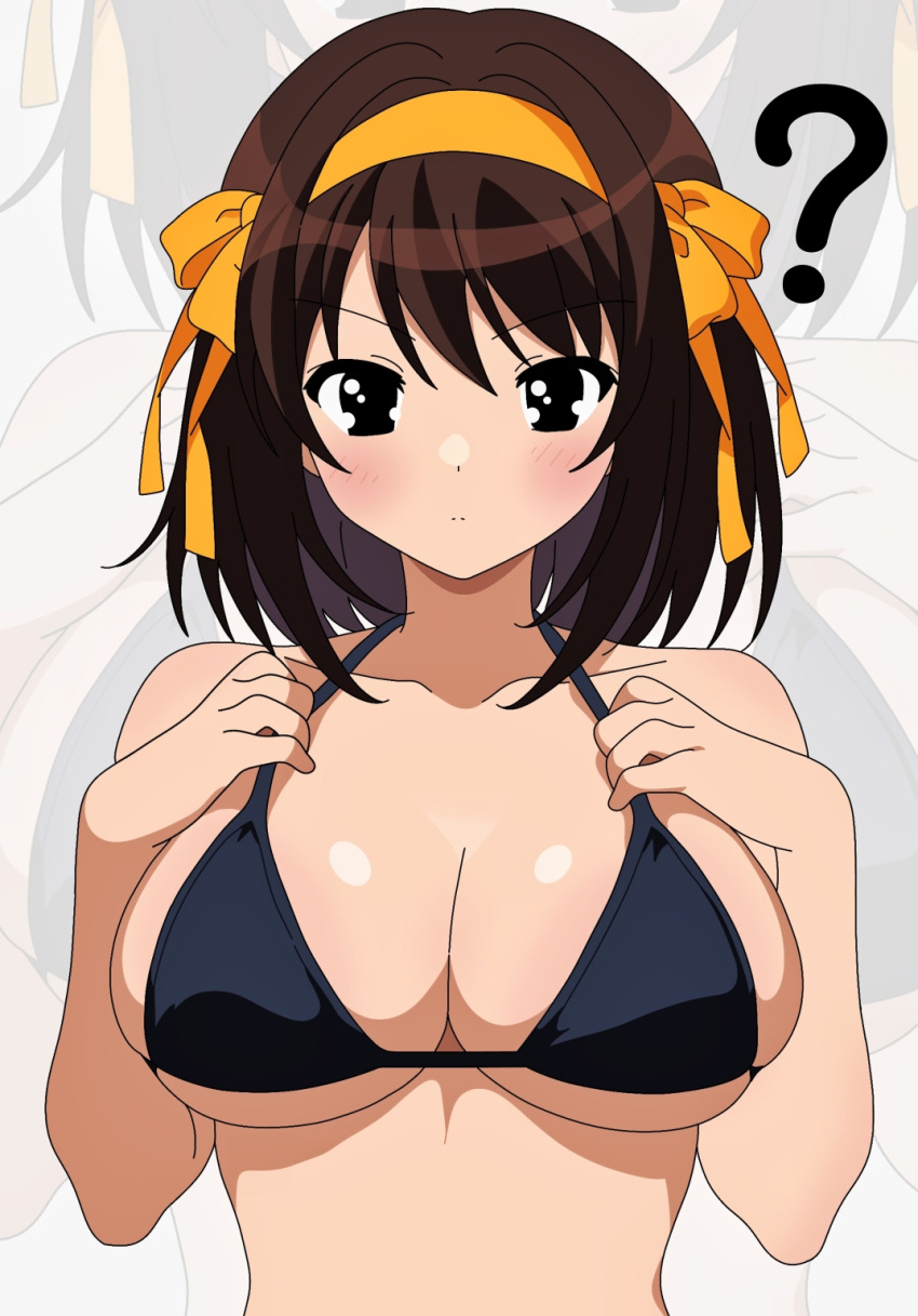 ? alternate_breast_size bare_shoulders bikini black_bikini bow breasts brown_eyes brown_hair english_commentary female hair_ornament hairband hairbow highres large_breasts looking_at_breasts orange_hairband simple_background solo suzumiya_haruhi suzumiya_haruhi_no_yuuutsu swimsuit upper_body white_background yuiyu_ki