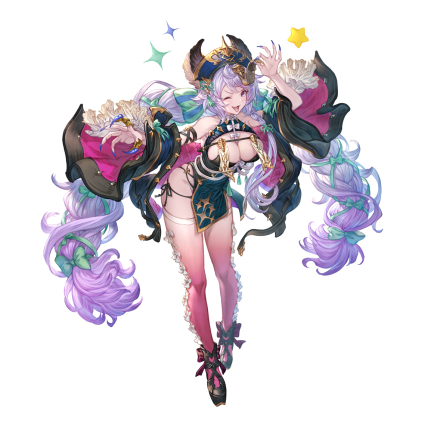 alpha_transparency animal_ears black_panties blue_nails bow bow_legwear breasts cleavage female fingernails full_body granblue_fantasy hair_between_eyes hair_ornament halloween_costume jiangshi large_breasts long_hair looking_at_viewer minaba_hideo official_alternate_costume official_art ofuda one_eye_closed open_mouth panties pink_thighhighs purple_hair satyr_(granblue_fantasy) sharp_fingernails side-tie_panties smile solo string_panties thighhighs tongue tongue_out transparent_background underwear white_bow