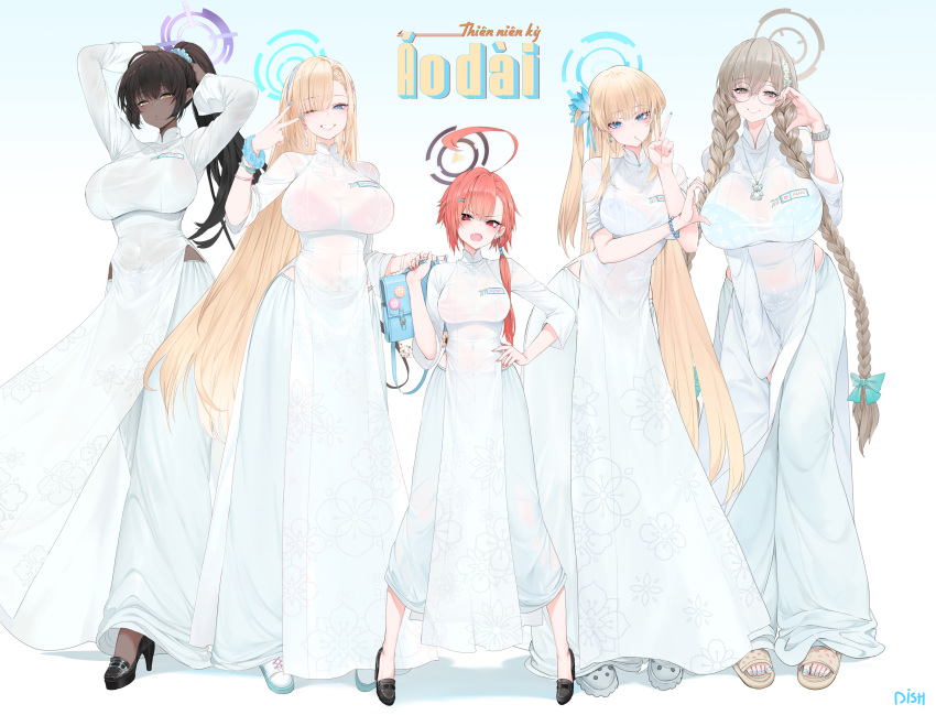 5girls :o ;d absurdres adjusting_hair ahoge akane_(blue_archive) alternate_costume asuna_(blue_archive) bag black_hair blonde_hair blue_archive bra_visible_through_clothes bracelet braid breasts brown_hair cleaning_&_clearing_(blue_archive) commentary covered_navel crocs dishwasher1910 dress earrings english_commentary fingernails floral_print full_body glasses grin hair_ornament hair_scrunchie half-heart_hands halo hand_on_own_hip high_heels highres holding holding_bag huge_ahoge impossible_clothes impossible_dress jewelry karin_(blue_archive) large_breasts long_hair long_sleeves looking_at_viewer multiple_girls nail_polish name_tag neru_(blue_archive) oerba_yun_fang one_eye_closed one_side_up pants pelvic_curtain pink_hair ponytail round_eyewear scrunchie short_hair simple_background small_breasts smile straight_hair toenail_polish toenails toki_(blue_archive) twin_braids v very_long_hair vietnamese_dress vietnamese_text white_background white_dress white_pants wrist_scrunchie