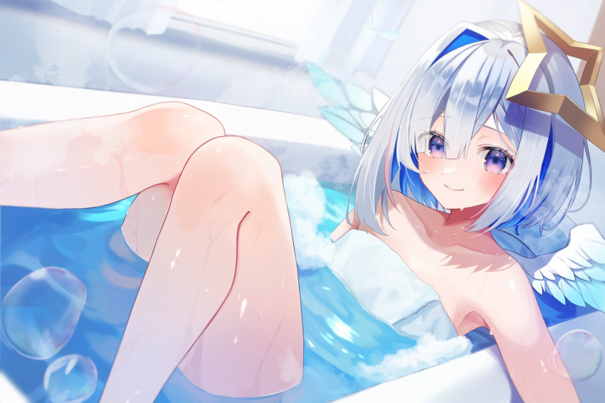 amane_kanata angel angel_wings asymmetrical_bangs asymmetrical_hair bath bathing bathtub blue_hair blue_wings blush bob_cut colored_inner_hair commentary_request feathered_wings feet_out_of_frame female gradient_wings grey_hair hair_intakes hair_over_one_eye halo hololive knees_together_feet_apart knees_up looking_at_viewer medium_hair mini_wings multicolored_hair multicolored_wings naked_towel partially_submerged pink_hair purple_eyes single_hair_intake smile solo star_halo streaked_hair towel uekana9 virtual_youtuber water wet white_wings wings