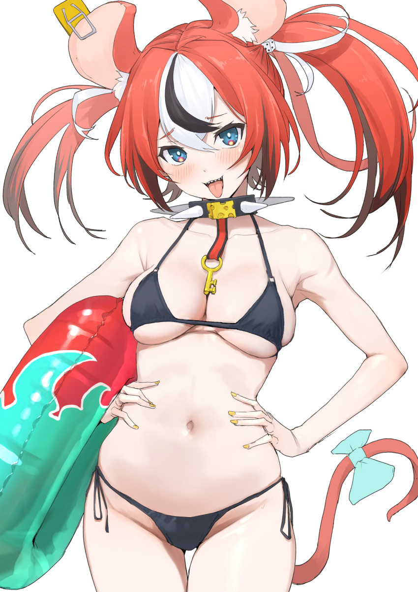 animal_ears bikini black_bikini black_hair blue_eyes breasts cheese collar commentary cowboy_shot dice_hair_ornament english_commentary female food furrowed_brow hair_ornament hakos_baelz hands_on_own_hips highres holding holding_swim_ring hololive hololive_english long_hair looking_at_viewer mitsuru_(uramitsuru1206) mixed-language_commentary mouse_ears mouse_girl mousetrap multicolored_hair navel open_mouth red_hair sharp_teeth side-tie_bikini_bottom sideboob simple_background small_breasts solo spiked_collar spikes stomach streaked_hair swim_ring swimsuit teeth tongue tongue_out underboob virtual_youtuber white_background white_hair