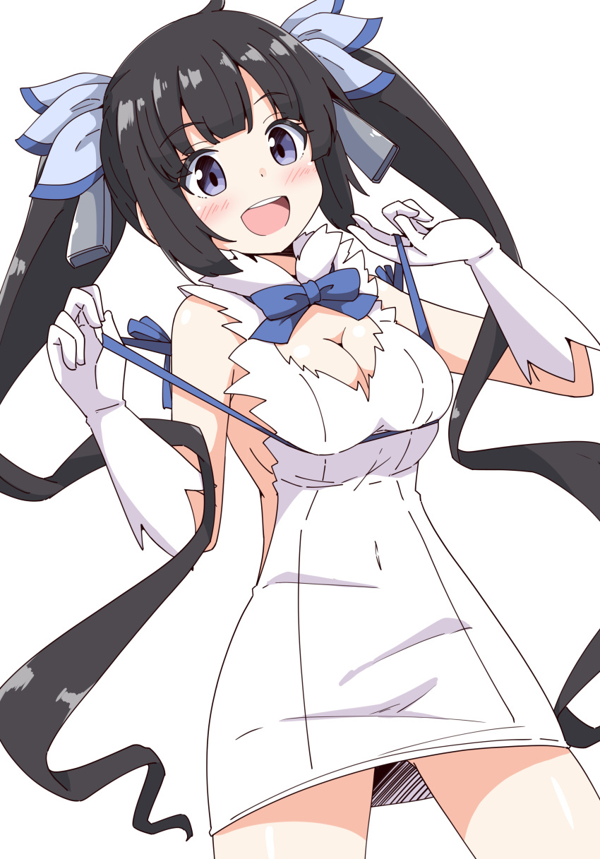 :d absurdres aikawa_ryou bare_shoulders black_hair blue_bow blush bow breasts cleavage commentary_request covered_navel dress dungeon_ni_deai_wo_motomeru_no_wa_machigatteiru_darou_ka elbow_gloves female gloves hands_up hestia_(danmachi) highres large_breasts long_hair looking_at_viewer purple_eyes simple_background sleeveless sleeveless_dress smile solo teeth twintails upper_teeth_only very_long_hair white_background white_dress white_gloves