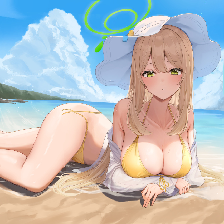 absurdres bare_shoulders bikini blue_archive blue_sky breasts cleavage cloud cloudy_sky commentary_request female front-tie_top green_eyes green_halo halo hat highres honome_sui horizon large_breasts light_brown_hair lying nonomi_(blue_archive) nonomi_(swimsuit)_(blue_archive) ocean off_shoulder official_alternate_hairstyle on_side outdoors sky solo sun_hat swimsuit thighs untied_bikini_bottom white_hat yellow_bikini