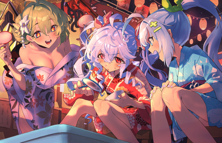 3girls ahoge alternate_costume bare_shoulders blue_eyes blue_hair breasts cleavage de_lacey_(neural_cloud) ear_piercing flower food_stand girls'_frontline girls'_frontline_neural_cloud green_hair hair_flower hair_ornament hair_ribbon helix_(neural_cloud) highres japanese_clothes kimono large_breasts max_(neural_cloud) mole mole_under_mouth multiple_girls nail_polish open_mouth piercing poi_(goldfish_scoop) ponytail red_eyes ribbon shiratama_(siratama5656) summer_festival twintails yukata