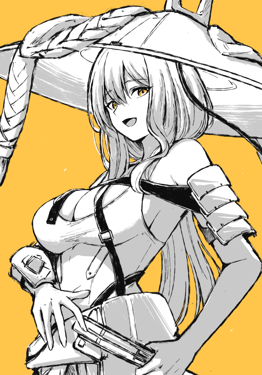 absurdres arm_guards armor armored_bodysuit bodysuit breasts cleavage female goddess_of_victory:_nikke greyscale greyscale_with_colored_background hat highres japanese_armor large_hat leotard monochrome scarlet_(nikke) simple_background solo warubo white_leotard wrist_guards yellow_background yellow_eyes