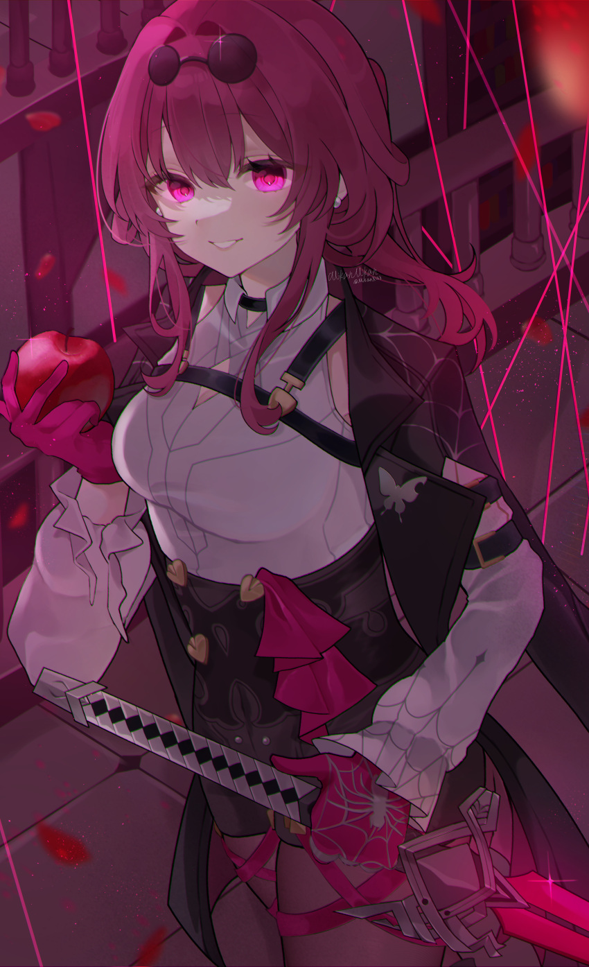 absurdres apple black_jacket breasts chest_harness collared_shirt commentary_request eyewear_on_head female food fruit gloves hair_between_eyes harness high-waist_shorts highres holding holding_food holding_fruit holding_sword holding_weapon honkai:_star_rail honkai_(series) jacket kafka_(honkai:_star_rail) large_breasts long_hair long_sleeves looking_at_viewer mikan_(90926728) pantyhose pantyhose_under_shorts pince-nez purple_eyes purple_gloves purple_hair round_eyewear shirt shorts signature smile solo spider_web_print string sunglasses sword twitter_username weapon white_shirt