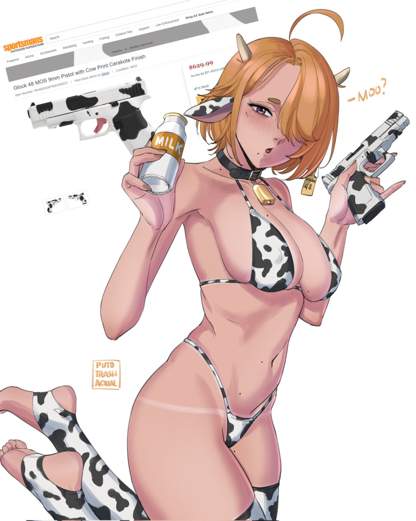 ahoge animal_ears animal_print bell bikini blonde_hair bottle breasts brown_eyes cow_ears cow_horns cow_print cow_print_bikini cow_print_thighhighs cowbell female glock gun hair_over_one_eye handgun highres holding holding_gun holding_weapon horns large_breasts milk_bottle mole mole_on_breast mole_on_neck mole_on_stomach mole_on_thigh mole_under_eye multiple_moles original print_bikini print_thighhighs puto_trash short_eyebrows short_hair stirrup_legwear swimsuit tan tanlines thick_eyebrows thighhighs toeless_legwear weapon