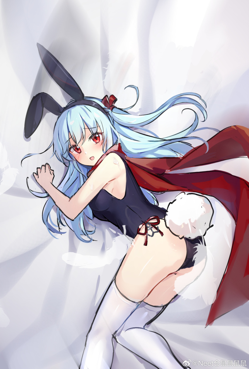 alternate_costume alternate_hairstyle animal_ears ass black_leotard blue_hair blush breasts cape fake_animal_ears fake_tail female fubuki_(warship_girls_r) highres leotard long_hair looking_at_viewer lying on_side one_side_up open_mouth playboy_bunny rabbit_ears rabbit_tail red_eyes red_scarf ribbon samoye_naichadong scarf solo tail thighhighs warship_girls_r white_thighhighs