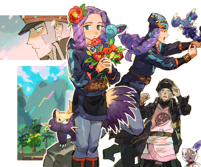 2boys aged_down belt belt_buckle black_coat black_footwear black_headwear black_skirt boots bracelet brown_belt buckle coat commentary_request flower grey_eyes grey_hair grey_legwear hair_flower hair_ornament hat high_collar highres hisuian_sneasel holding holding_flower ingo_(pokemon) jacket jewelry long_sideburns male_focus melli_(pokemon) multiple_boys multiple_views open_clothes open_coat pantyhose peaked_cap pearl_clan_outfit pokemon pokemon_(creature) pokemon_legends:_arceus purple_hair seonforest short_hair sideburns signature skirt skorupi stunky trench_coat zubat