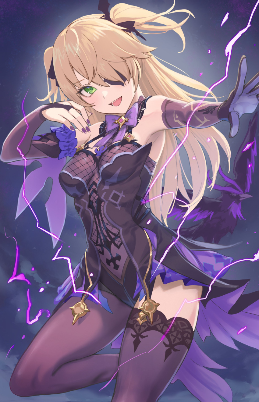 :d absurdres bare_shoulders blonde_hair bow bowtie breasts bridal_gauntlets commentary elbow_gloves enporion eyepatch female fischl_(genshin_impact) garter_straps genshin_impact gloves green_eyes hair_over_one_eye highres leotard lightning long_hair looking_at_viewer medium_breasts purple_bow purple_bowtie purple_nails purple_thighhighs single_bridal_gauntlet single_elbow_glove single_glove single_leg_pantyhose single_thighhigh smile solo teeth thighhighs two_side_up upper_teeth_only