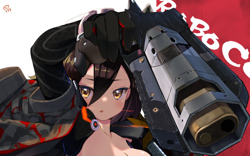 android apex_legends arm_up artist_logo b3_wingman black_gloves blush breasts brown_hair camouflage camouflage_jacket character_name cleavage commentary detached_sleeves female foreshortening gloves grey_jacket gun hair_between_eyes handgun highres hololive jacket looking_at_viewer mechanical_arms nejime no_eyewear open_clothes open_jacket parted_lips red_background revolver roboco-san roboco-san_(1st_costume) short_hair signature simple_background solo virtual_youtuber weapon white_background yellow_eyes