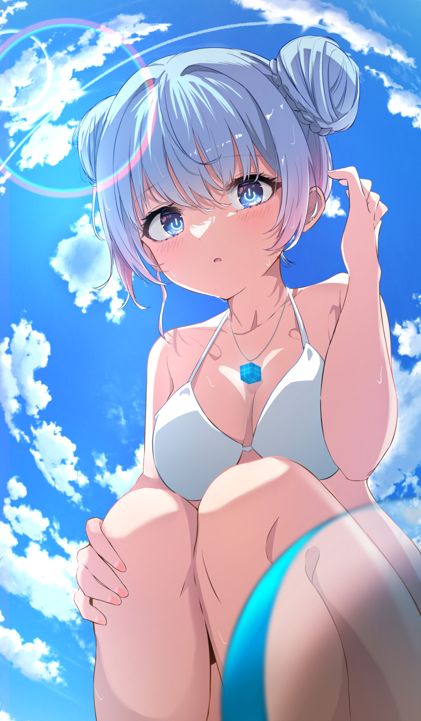 absurdres blue_eyes blue_hair cloud cloudy_sky female from_below ganbauruwa hair_between_eyes hair_bun highres monster_strike neo_(monster_strike) sidelocks sky solo squatting swimsuit