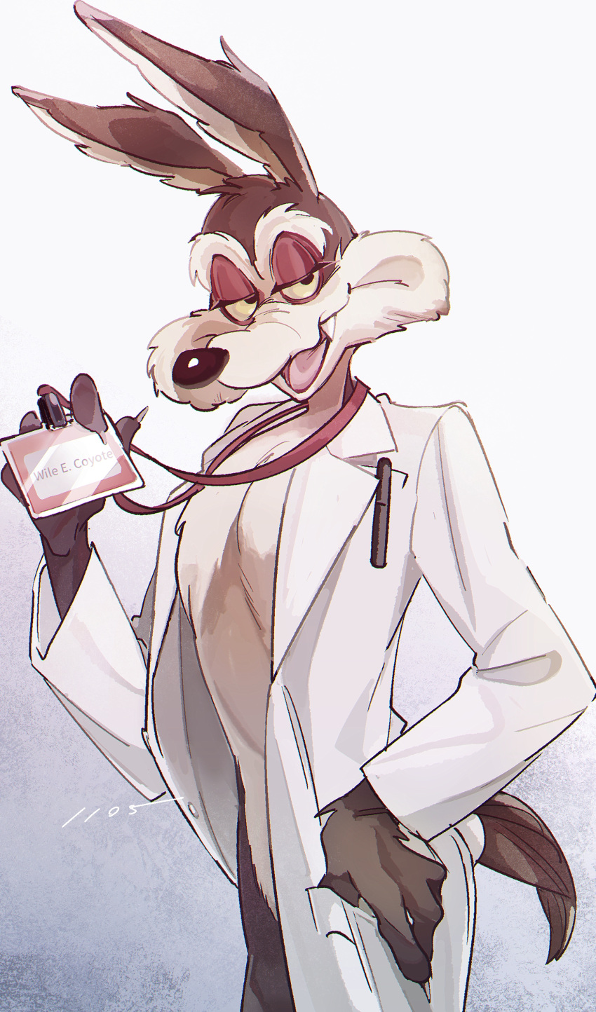 absurd_res anthro bedroom_eyes bottomless brown_body brown_fur canid canine canis clothed clothing coat coat_only coyote doctor fangs fluffy_chest fur hanada564 hi_res id_card lab_coat lanyard lidded_eyes looking_at_viewer looney_tunes male mammal multicolored_body multicolored_fur narrowed_eyes seductive simple_background smile solo tan_body tan_fur teeth topwear topwear_only warner_brothers white_background wile_e._coyote yellow_sclera