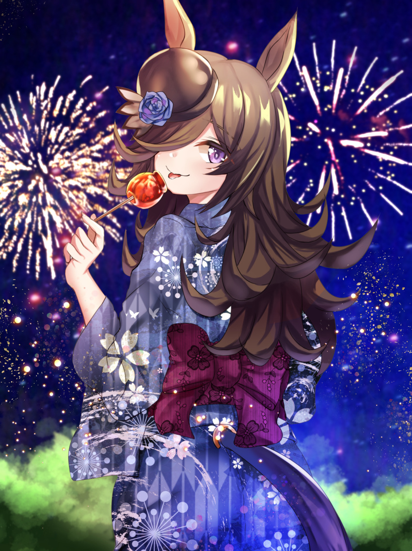 :p absurdres aerial_fireworks animal_ears black_kimono blue_flower blue_rose bow brown_hair brown_hat candy_apple closed_mouth commentary_request female fireworks floral_print flower food from_behind hair_over_one_eye hat hat_flower highres holding holding_food horse_ears horse_girl horse_tail japanese_clothes kimono long_hair looking_at_viewer looking_back night night_sky outdoors print_kimono purple_bow purple_eyes rice_shower_(umamusume) rose setu_(shining12) sky smile solo tail tilted_headwear tongue tongue_out umamusume very_long_hair yagasuri