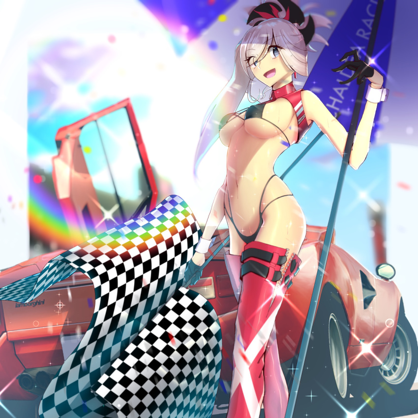 asymmetrical_hair black_gloves blue_eyes boots breasts car checkered_flag earrings eyes_visible_through_hair fate/grand_order fate_(series) fd3 female flag gloves hair_ornament highleg highres holding holding_umbrella jewelry lamborghini lamborghini_countach large_breasts md5_mismatch midriff miyamoto_musashi_(fate) motor_vehicle open_mouth pink_hair ponytail race_queen rainbow red_footwear red_thighhighs scissor_doors solo sports_car sweat thigh_boots thighhighs umbrella underboob