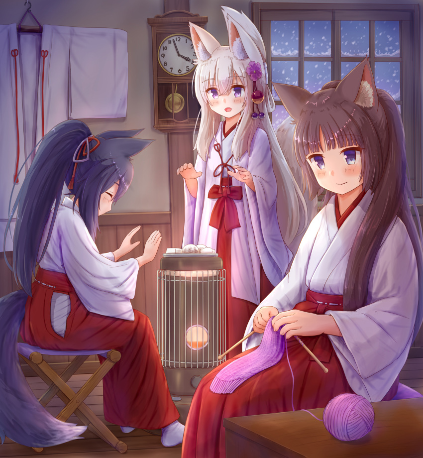 3girls :d animal_ear_fluff animal_ears black_hair blue_eyes blush brown_hair cat_ears clock closed_eyes closed_mouth commentary_request flower folded_ponytail food fox_ears fox_girl fox_tail hair_between_eyes hair_flower hair_ornament hair_ribbon hakama hakama_skirt heater highres holding indoors iroha_(iroha_matsurika) japanese_clothes kerosene_heater kimono knitting knitting_needle koyoi_(iroha_(iroha_matsurika)) kunoichi-chan_(iroha_(iroha_matsurika)) long_hair long_sleeves miko multiple_girls mutsuki_(iroha_(iroha_matsurika)) needle open_mouth original pendulum_clock ponytail profile purple_eyes purple_flower red_hakama red_ribbon ribbon sitting skirt smile snowing standing tail very_long_hair wall_clock white_hair white_kimono white_ribbon wide_sleeves window wooden_floor yarn yarn_ball