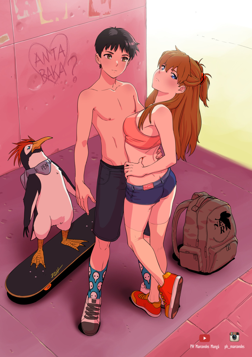 1boy absurdres alternate_universe angel_(evangelion) anta_baka? backpack bag bird black_hair black_shorts blue_eyes blue_socks blush breasts commentary english_commentary female graffiti hand_on_another's_hip hand_on_own_hip heel_up highres ikari_shinji instagram_logo insult interface_headset kneehighs long_hair looking_at_viewer medium_breasts neon_genesis_evangelion nerv nipples orange_hair orange_sports_bra penguin penpen profanity romaji_text sachiel_(evangelion) shoes short_shorts shorts signature skateboard sneakers socks souryuu_asuka_langley sports_bra standing straight tekuho_no_habo topless_male vandalized webbed_feet youtube_logo