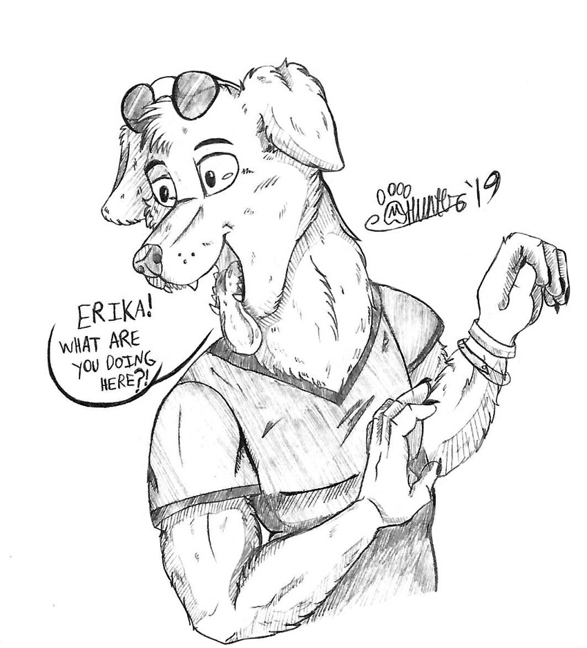 2019 anthro bojack_horseman bracelet canid canine canis claws clothing dialogue domestic_dog english_text eyewear eyewear_on_head fangs fur half-length_portrait jewelry looking_away male mammal marcushunter mr._peanutbutter netflix open_mouth portrait shirt signature solo speech_bubble sunglasses sunglasses_on_head teeth text tongue tongue_out topwear wide_eyed