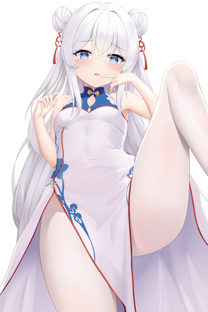 absurdres azur_lane blue_eyes china_dress chinese_clothes double_bun dress female hair_between_eyes hair_bun highres le_malin_(azur_lane) leg_lift long_hair looking_at_viewer pantyhose shenqi_(toid310) sidelocks solo very_long_hair white_hair white_pantyhose