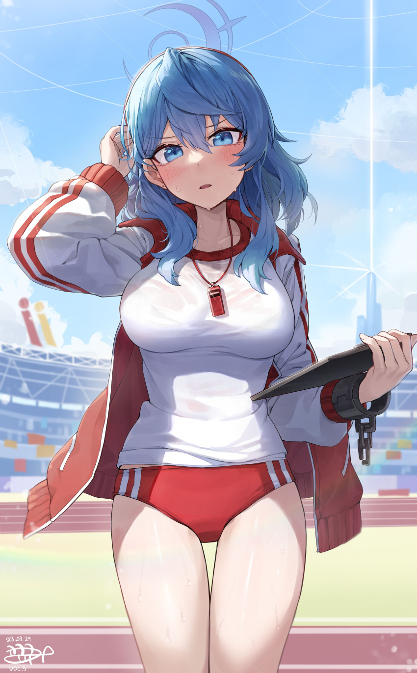 absurdres ako_(blue_archive) ako_(track)_(blue_archive) arm_up blue_archive blue_eyes blue_hair breasts buruma cowboy_shot day female gym_uniform halo highres jacket kokukyukeo large_breasts long_sleeves looking_at_viewer medium_hair official_alternate_costume open_mouth outdoors red_buruma red_jacket see-through shirt solo standing sweat thighs track_jacket v-shaped_eyebrows wet wet_clothes wet_shirt whistle whistle_around_neck white_shirt white_sleeves