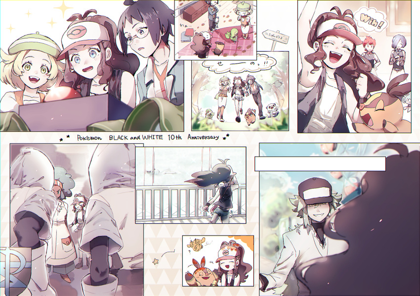 3girls 6+boys antenna_hair arm_up bad_id bad_pixiv_id baseball_cap bianca_(pokemon) black_hair black_headwear black_undershirt blonde_hair blue_eyes bow bowtie brown_hair cheren_(pokemon) chili_(pokemon) clenched_hand collared_shirt combee commentary_request cress_(pokemon) day eyelashes fence ferris_wheel glasses green_hair green_headwear hat hilda_(pokemon) jacket lenora_(pokemon) long_hair multiple_boys multiple_girls n_(pokemon) nao_(naaa_195) open_clothes open_jacket open_mouth oshawott outdoors pignite pokemon pokemon_(creature) pokemon_bw shirt sidelocks snivy starter_pokemon_trio team_plasma team_plasma_grunt team_plasma_uniform tepig tongue traditional_bowtie tree undershirt vest walking white_shirt