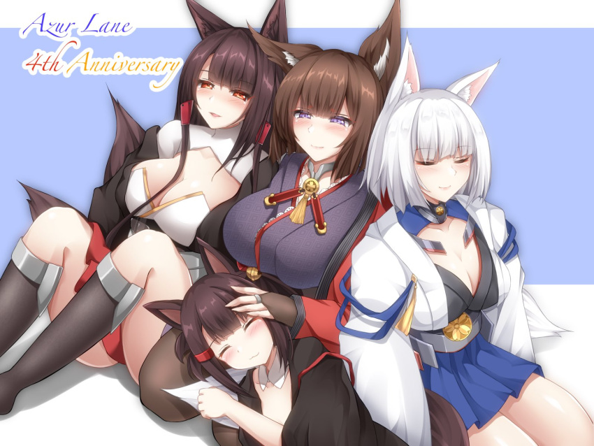 4girls akagi-chan_(azur_lane) akagi_(azur_lane) amagi_(azur_lane) animal_ear_fluff animal_ears azur_lane black_coat black_thighhighs blue_skirt breasts brown_hair cleavage closed_eyes coat fox_ears highres japanese_clothes kaga_(azur_lane) kimono kitsune large_breasts large_tail looking_at_viewer metal_belt miniskirt momijizuki_luna multiple_girls multiple_tails purple_background purple_eyes purple_kimono red_coat red_eyes red_skirt sakuramon short_hair simple_background skirt socks tail thighhighs white_coat white_hair white_tail wide_sleeves