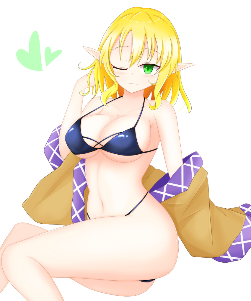 bikini black_bikini blonde_hair breasts brown_jacket female green_eyes heart highres jacket medium_breasts mizuhashi_parsee multicolored_clothes multicolored_jacket navel one_eye_closed pointy_ears short_hair shunki simple_background solo swimsuit thick_thighs thighs touhou unworn_clothes white_background