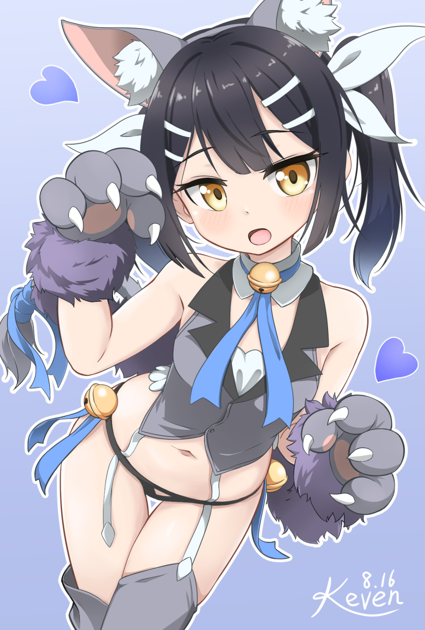 animal_ear_fluff animal_ears animal_hands arms_up artist_name bell black_gloves black_hair black_panties black_shirt blue_background brown_eyes cat_ears claw_pose detached_collar fake_animal_ears fate/kaleid_liner_prisma_illya fate_(series) female garter_straps gloves grey_thighhighs hair_ornament hairclip heart highres jingle_bell keven_(ewdx3754) long_hair miyu_edelfelt miyu_edelfelt_(beast_style) navel no_pants open_mouth panties paw_gloves ribbon shirt simple_background sleeveless sleeveless_shirt solo thigh_gap thighhighs thighs twintails underwear