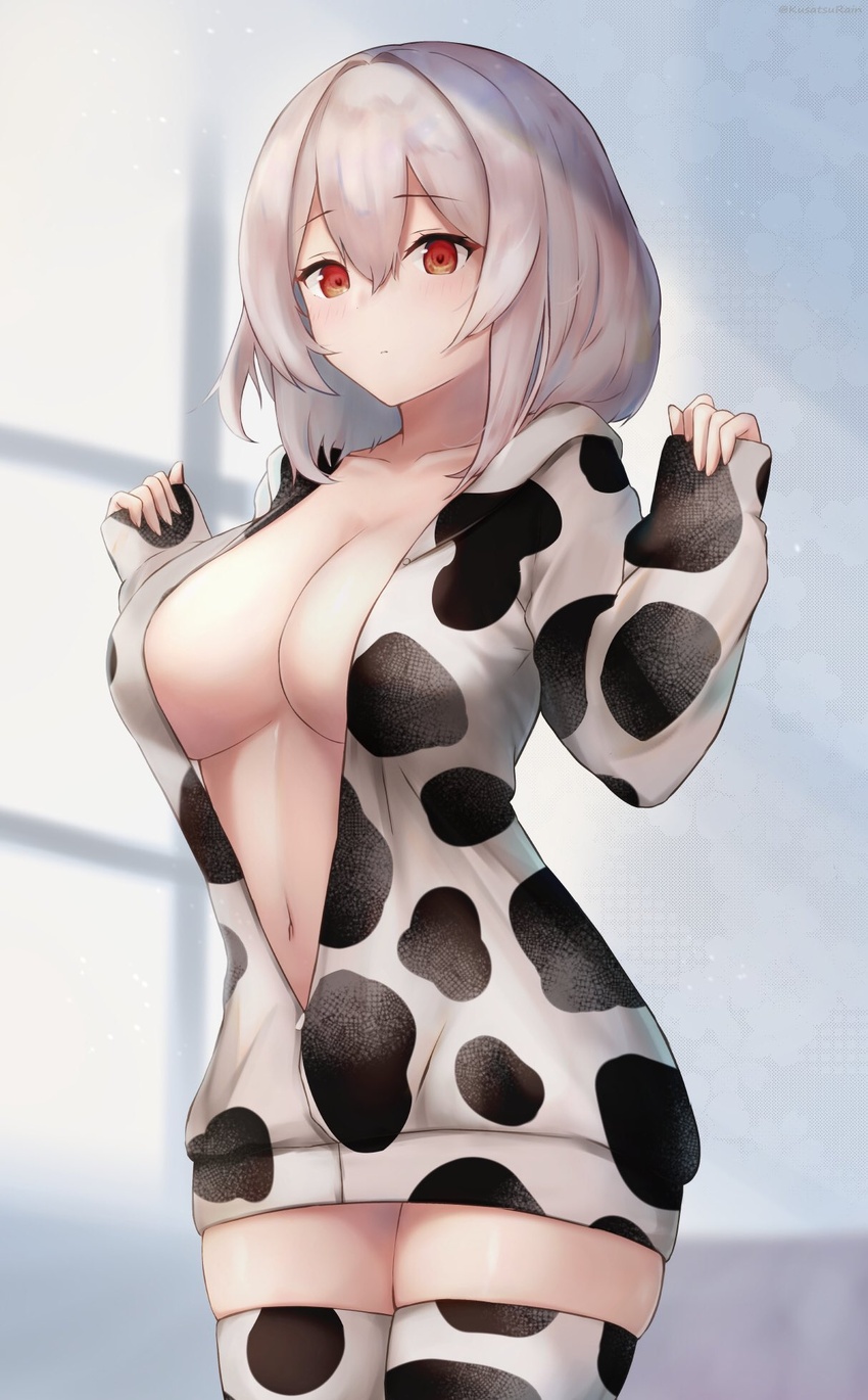 amano_kusatsu animal_print azur_lane breasts closed_mouth collarbone commentary cow_print cowboy_shot expressionless female hair_between_eyes hands_up highres hood hood_down hoodie large_breasts long_sleeves looking_at_viewer naked_hoodie navel no_bra open_clothes open_hoodie red_eyes sirius_(azur_lane) sleeves_past_wrists solo thighhighs thighs white_hair zipper_pull_tab