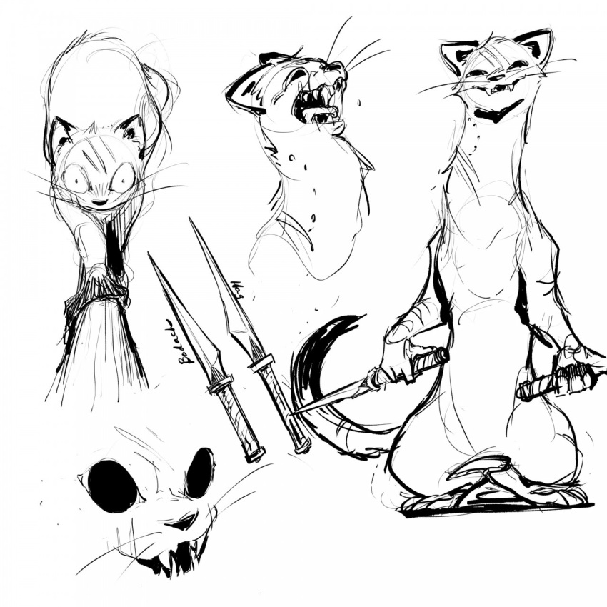 1:1 dagger female hi_res looking_at_viewer mammal melee_weapon meroko_meyoko monochrome mouse_guard mustelid musteline scar scars_all_over semi-anthro smile smiling_at_viewer solo standing stoat true_musteline weapon weasel wide_eyed zada_(fan_character)