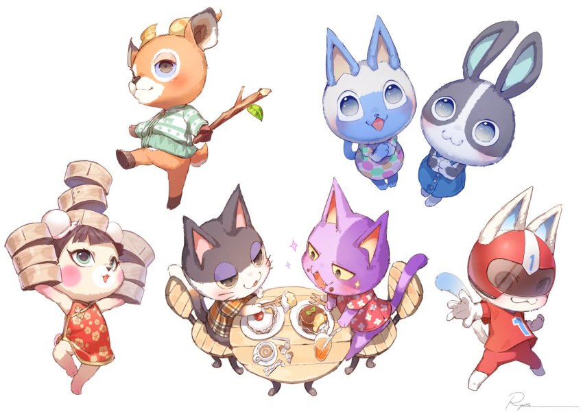 animal_crossing antelope anthro bear beau_(animal_crossing) blush bob_(animal_crossing) bottomless bovid button_(fastener) button_dress chibi clothed clothing domestic_cat dotty_(animal_crossing) dress eating felid feline felis female food group kid_cat_(animal_crossing) lagomorph leporid male mammal mitzi_(animal_crossing) nintendo pekoe_(animal_crossing) punchy_(animal_crossing) rabbit ry_o_ta simple_background superhero white_background