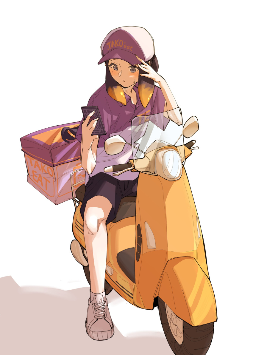 absurdres alternate_costume alternate_hair_length alternate_hairstyle blush clothes_writing commentary english_commentary female food_delivery_box gradient_hair hat_writing highres holding holding_phone hololive hololive_english insulated_delivery_bag maka_rum motor_vehicle multicolored_hair ninomae_ina'nis on_scooter orange_hair phone purple_hair scooter shadow short_hair sidelocks simple_background sweat tentacle_hair uber_eats virtual_youtuber white_background