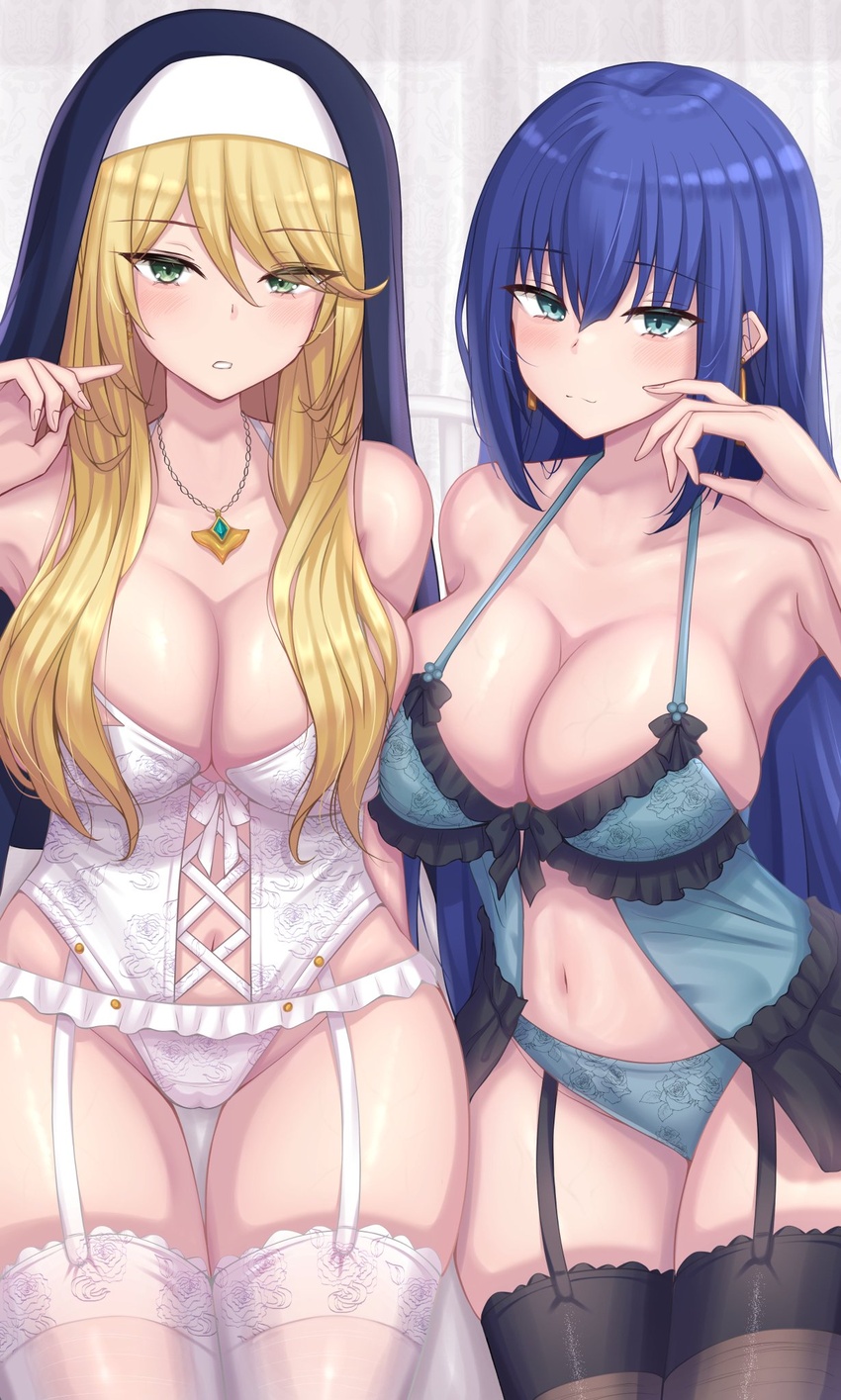 2girls bad_id bad_pixiv_id black_thighhighs blonde_hair blue_eyes blue_hair blue_panties breasts chin_gero cleavage closed_mouth commentary_request contrast cowboy_shot earrings engage_kiss garter_belt green_eyes groin highres jewelry lace-trimmed_legwear lace_trim large_breasts lingerie long_hair looking_at_viewer multiple_girls navel nightgown nun panties parted_lips pendant sharon_holygrail simple_background standing thighhighs underwear veins veiny_breasts white_background white_thighhighs yuugiri_ayano